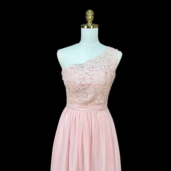 Blush Pink One Shoulder Lace Bodice Chiffon Maxi Formal Dress Size 4/6 - Picture 3 of 13